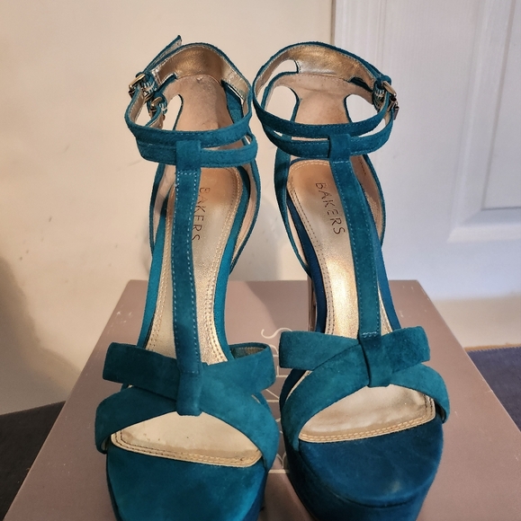 Teal Suede High Heel Sandal with Gold Heel - Picture 5 of 6